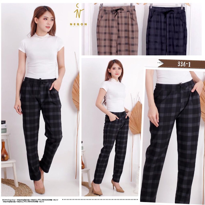 Celana Bahan HM-702 kotak kotak wanita import//celana panjang wanita korea/celana wanita motif kotak
