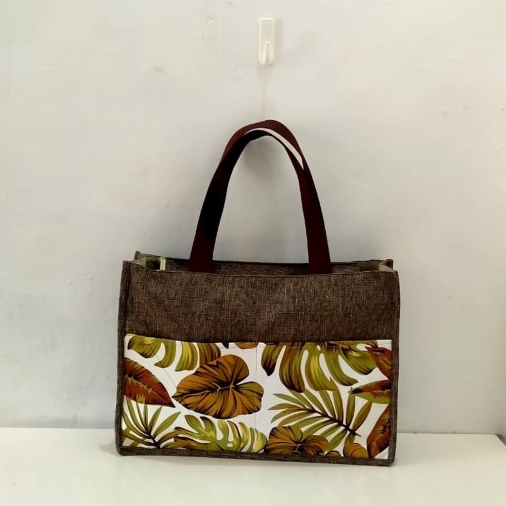 RIENS COLLECTIONS. TAS GONI WANITA KOMBINASI KANVAS MOTIF ADENIA COKLAT. Tas Kanvas Tas Jogja