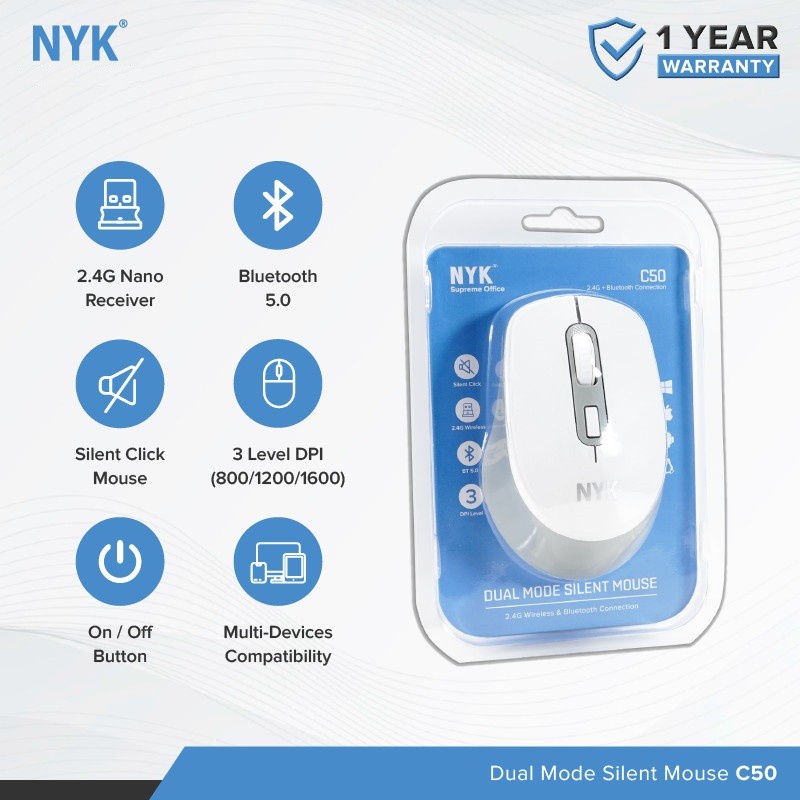 Mouse NYK C50 Dual Mode Bluetooth Wireless 2.4Ghz Silent Mouse