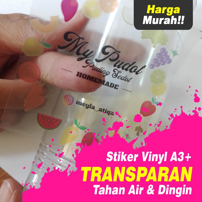 

Cetak Stiker Label Produk / Kemasan Makanan di Sticker Vinyl Transparan A3+ Custom & Anti Air