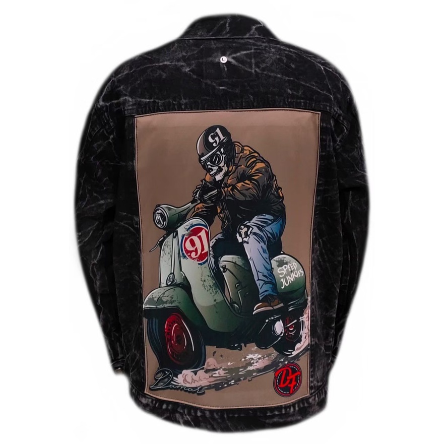 jaket jeans pria terbaru 2022 Gambar motor/jaket pria printing/ jaket jeans pria bergambar terbaru/ jaket pria keren/ jaket pria denim jeans bergambar belakang