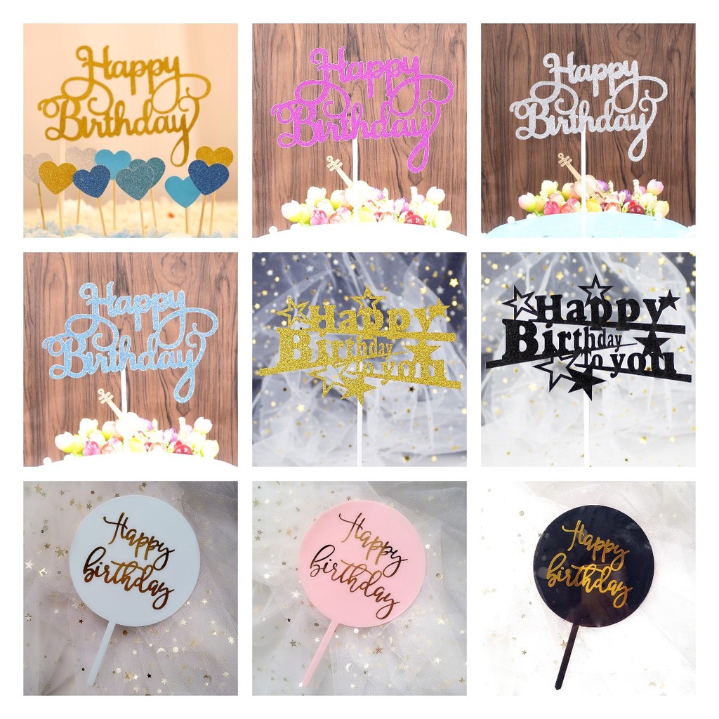 COD✨1 Pcs INS Cake Topper Happy Birthday Karakter️ Glitter Kertas Gold Silver Letters Dekorasi Makanan Penutup Huruf Plugin Cupcake