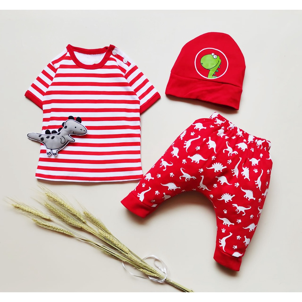 Klik Mds Setelan Baju Anak Bayi Laki-laki Atasan Dan Celana Motif Karakter Dino Free Topi / 1 Ukuran