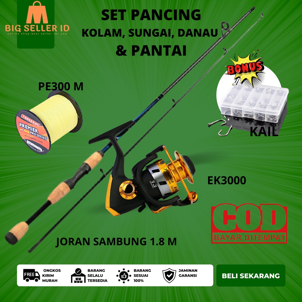 Paket Mancing Mania Joran Dan Reel Joran 180cm Rel EK3000 12 Ball Benang PE 300 Meter