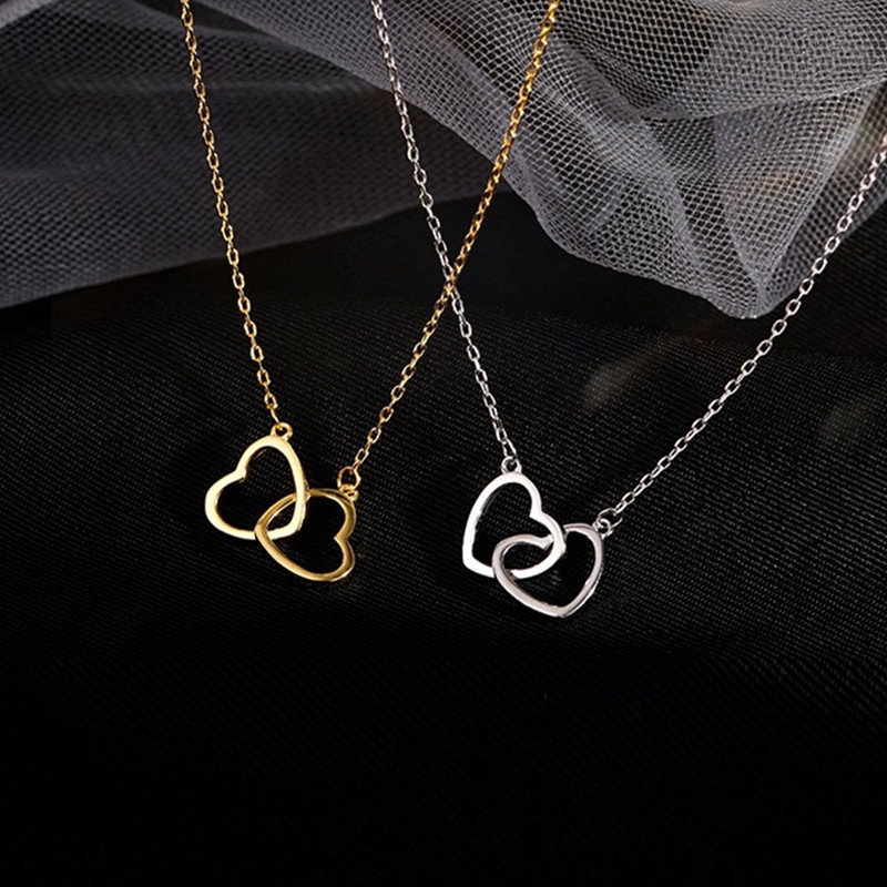 Kalung Titanium Wanita Liontin Dua Hati Lapis Emas 18k Anti Karat Perhiasan