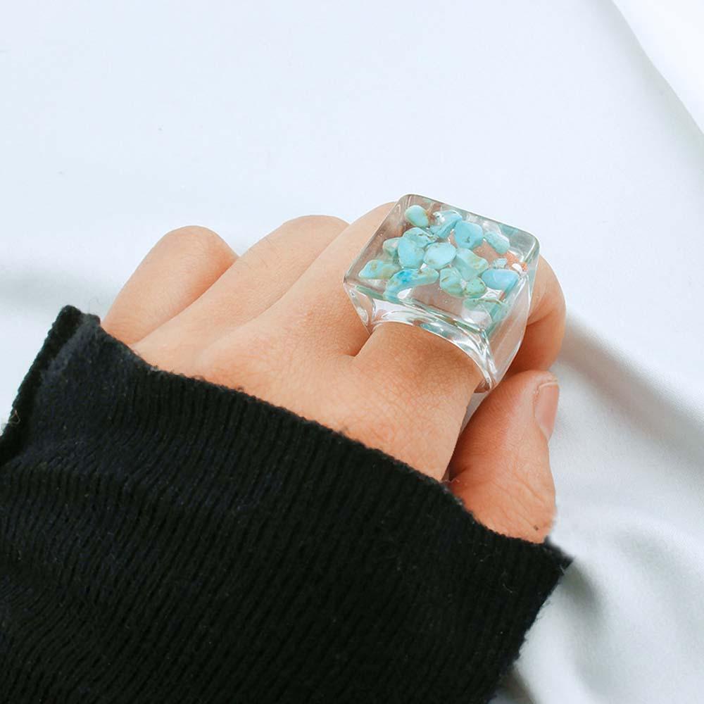 NEEDWAY Cincin Resin Wanita Korea Warna-Warni Manik Geometris Batu Fashion Perhiasan