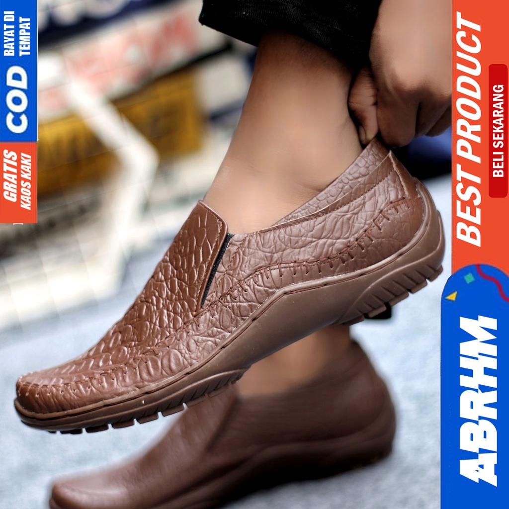 Sepatu Casual Pria Formal Slip On Pantofel Kulit Asli Kerja Kantor Kondangan Kuliah Hitam Fashion Shoes Terbaru Murah Kekinian Original CROCO ABRHM