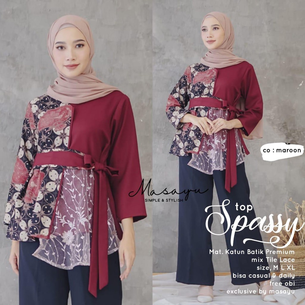 [PREMIUM] Top Spassy Maroon Batik Ziggy Tali Atasan Batik Blus Kombi Modern Kerja Seragam Kantor