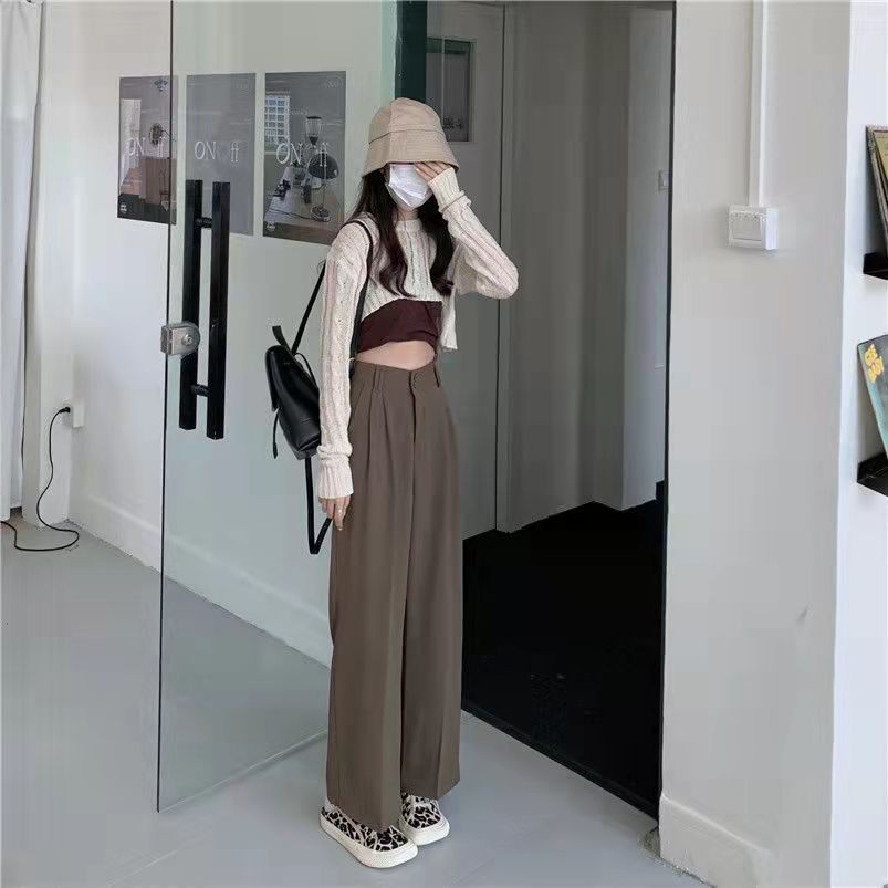 [chaoo.id]Celana panjang lurus pinggang tinggi wanita Korea warna solid celana setelan longgar kasual/celana kulot wanita korean style loose highwait/celana wanita terbaru/straight pants/celana panjang wanita celana bahan