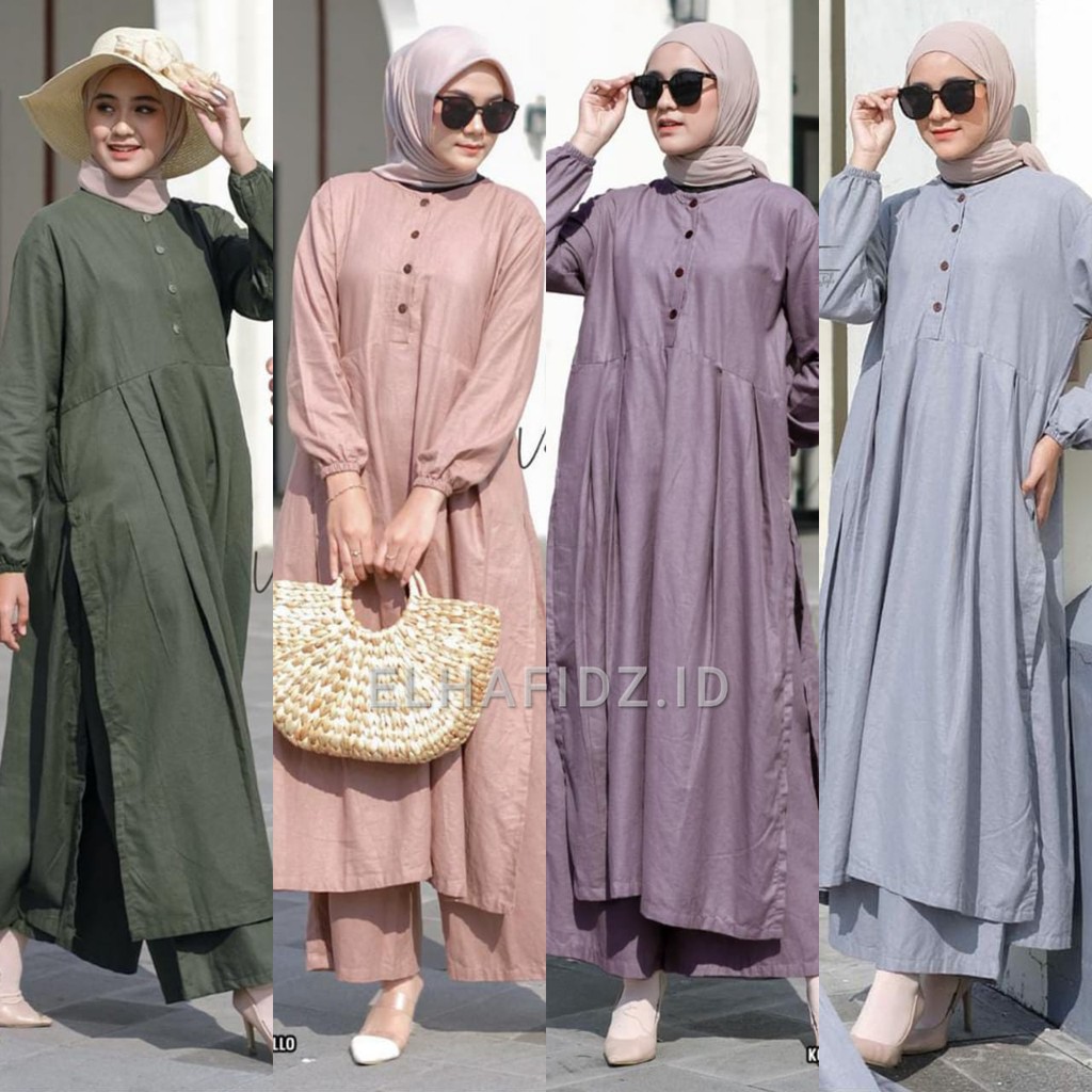 Vente Daily Naomi One Set Jumbo Linen Motif Polos / Setelan Muslim Wanita LD 110 / Long Tunik Busui