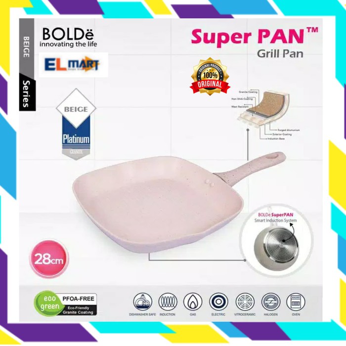BOLDe Super Grilled Grill Pan Beige Fry Pan  28 cm  Granit Coating induksi 28cm Panci PEmanggang Panggangan