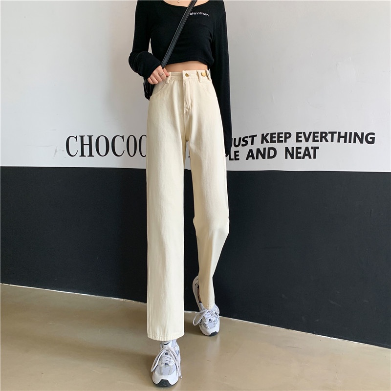 High Waist Celana Jeans Panjang wanita denim straight pants Korean style