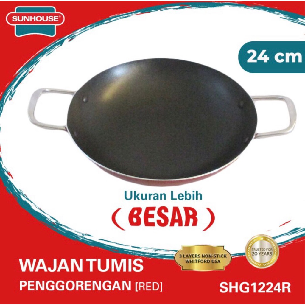 Wajan Tumis Sunhouse SHG 1224R Anti Lengket Hitam Merah 24Cm