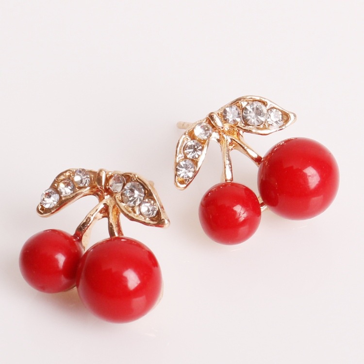 Japanese style cute red cherry stud anting-anting berlian imitasi anting-anting Dongdaemun ornamen a