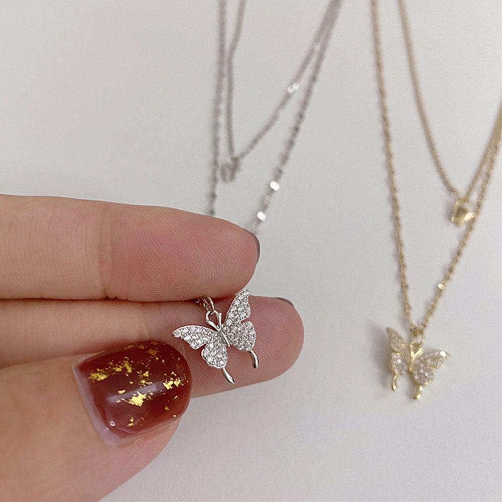 Agustina Kalung Kupu-Kupu Wanita Hadiah Shiny CZ Double Layer Butterfly Pendant Chocker