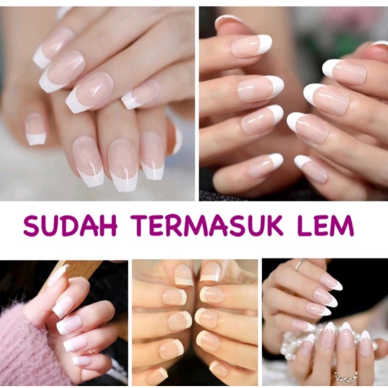 24pcs Kuku palsu French Nails sudah dengan Lem