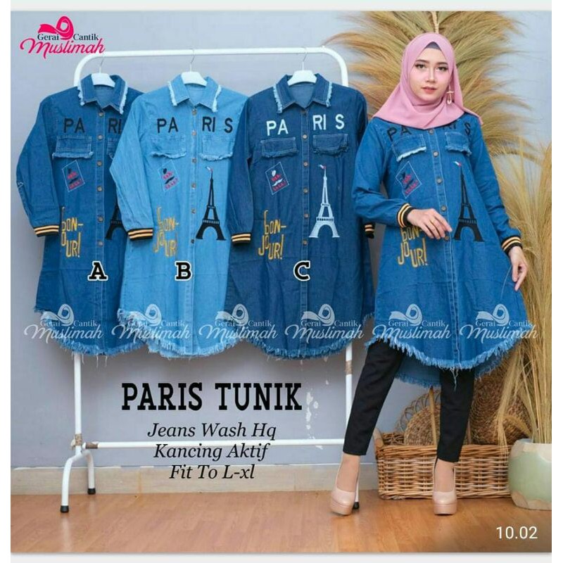 Paris Tunik Jeans halus Levis  ld 100 Kombinasi Bordir Lengan Rip Kancing Aktif by Gerai Cantik