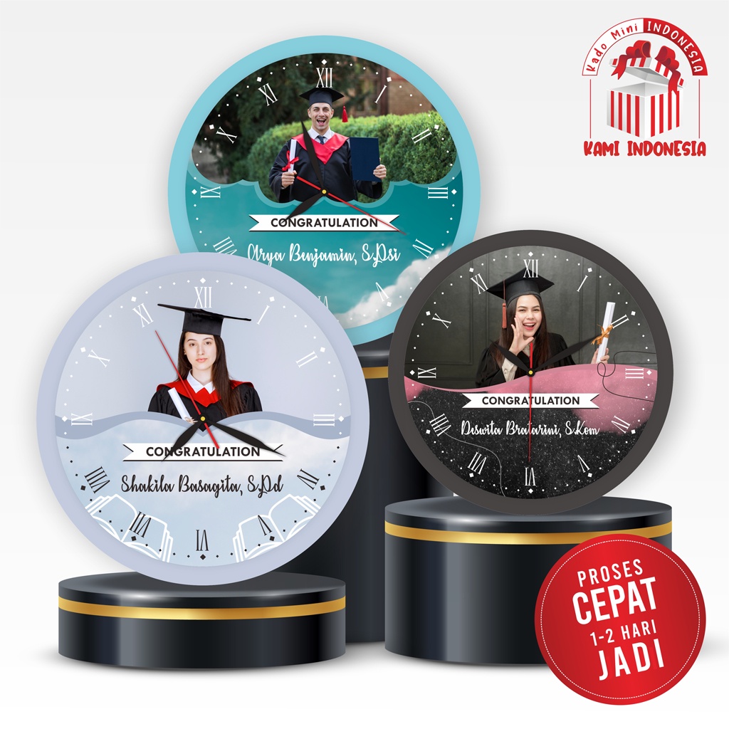 JAM WEKER KAYU CUSTOM FOTO SOUVENIR WISUDA MEJA DUDUK UNIK KADO GRADUATION GANTUNG DINDING MINIMALIS