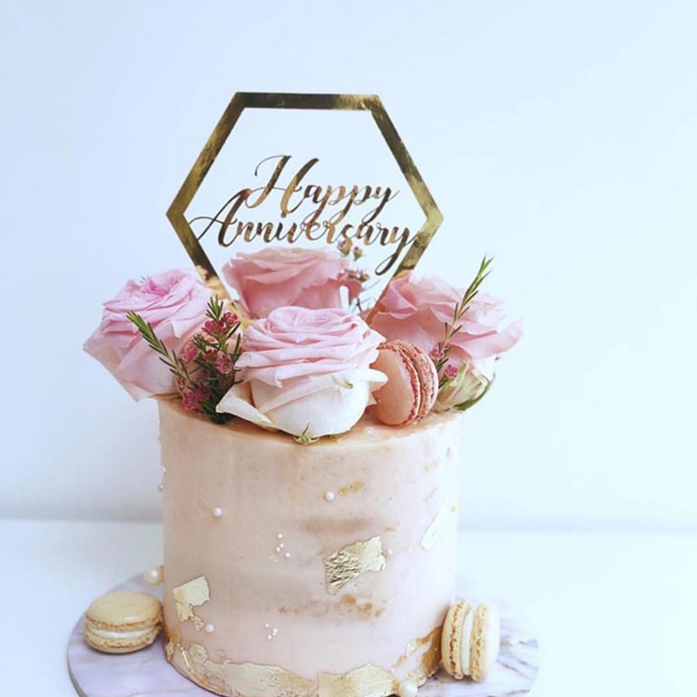 Topper Kue Bahan Akrilik Motif Tulisan Happy Anniversary Warna Emas Dan Silver