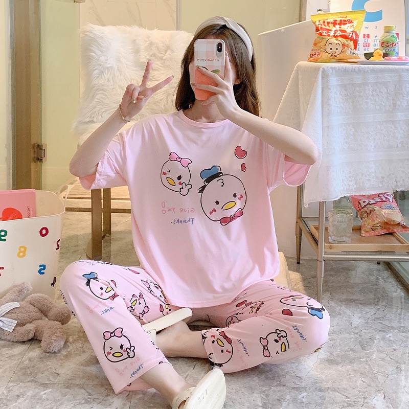 Setelan Piyama Lengan Pendek Baju Tidur Wanita Set Baju Tidur Wanita Dewasa Set Piyama Oversize-pink duck