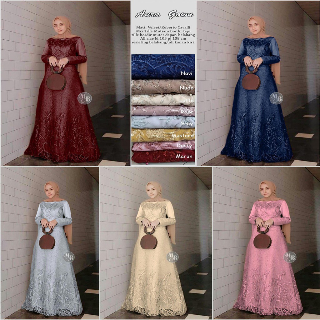 Gamis Brukat Syar'i Aura Gown Bahan Velvet Mix Tile Mutiara Gaun Pesta Muslim Wanita