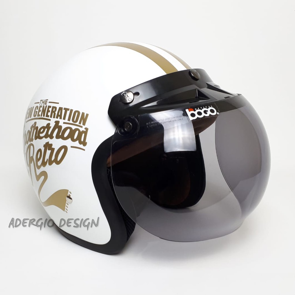  HELM  BOGO Motif  Retro Brotherhood Putih Glossy Full Cat  