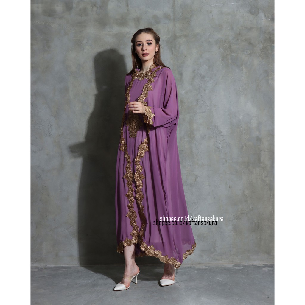 KAFTAN KAPUCONG HOODIE WARNA UNGU MUDA BORDIR MELINGKAR BAHAN SIFFON LEBARAN 2021 GRABSOMEDAY