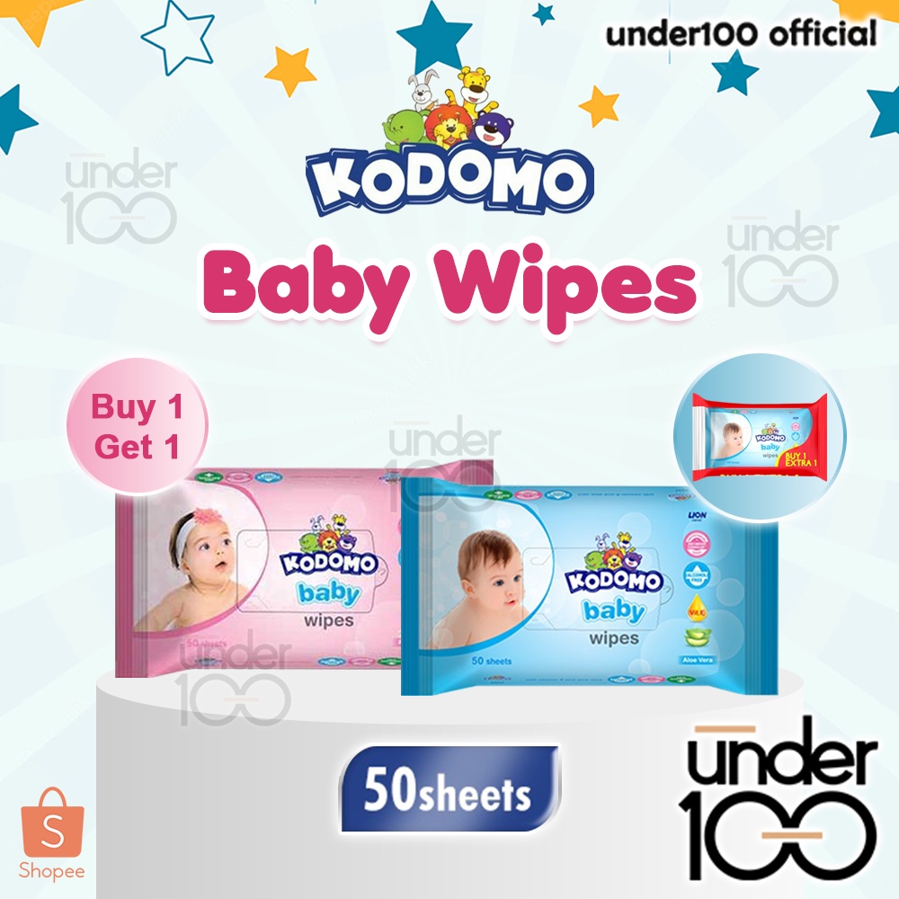 ❤ Under100 ❤ KODOMO Baby Wipes Rice Milk Pink | Classic Blue | Anti Bacterial | 50 Sheets | Buy 1 Extra 1 | BPOM