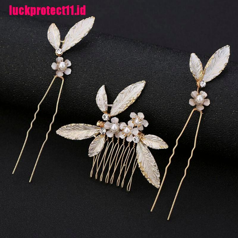 (LUCK) 3pcs / Set Jepit Rambut Model Sisir Aksen Daun + Mutiara Imitasi Untuk Pengantin Wanita