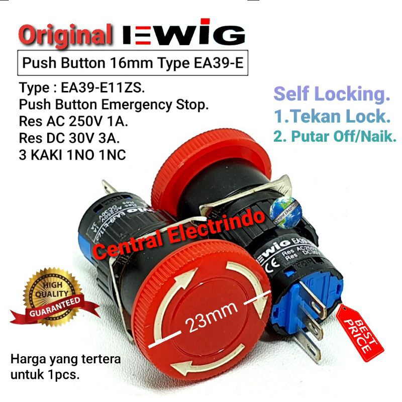 Push Button Emergency Stop EA39-11ZS Locking 16mm 1NO/1NC.