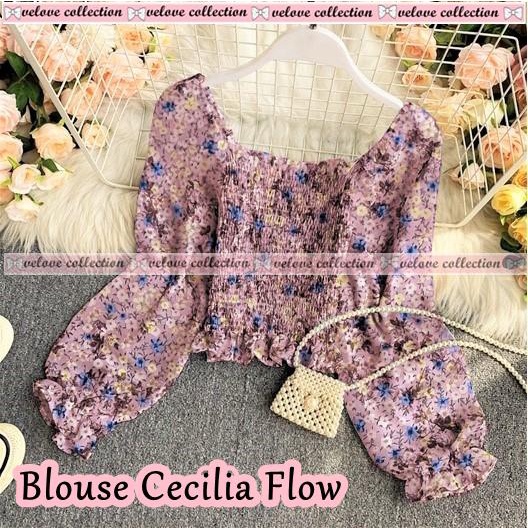 atasan Chiffon import korean style Blouse Serut Karet Sabrina Lengan Panjang Motif Bunga Bahan Sifon Casual cecilia flow