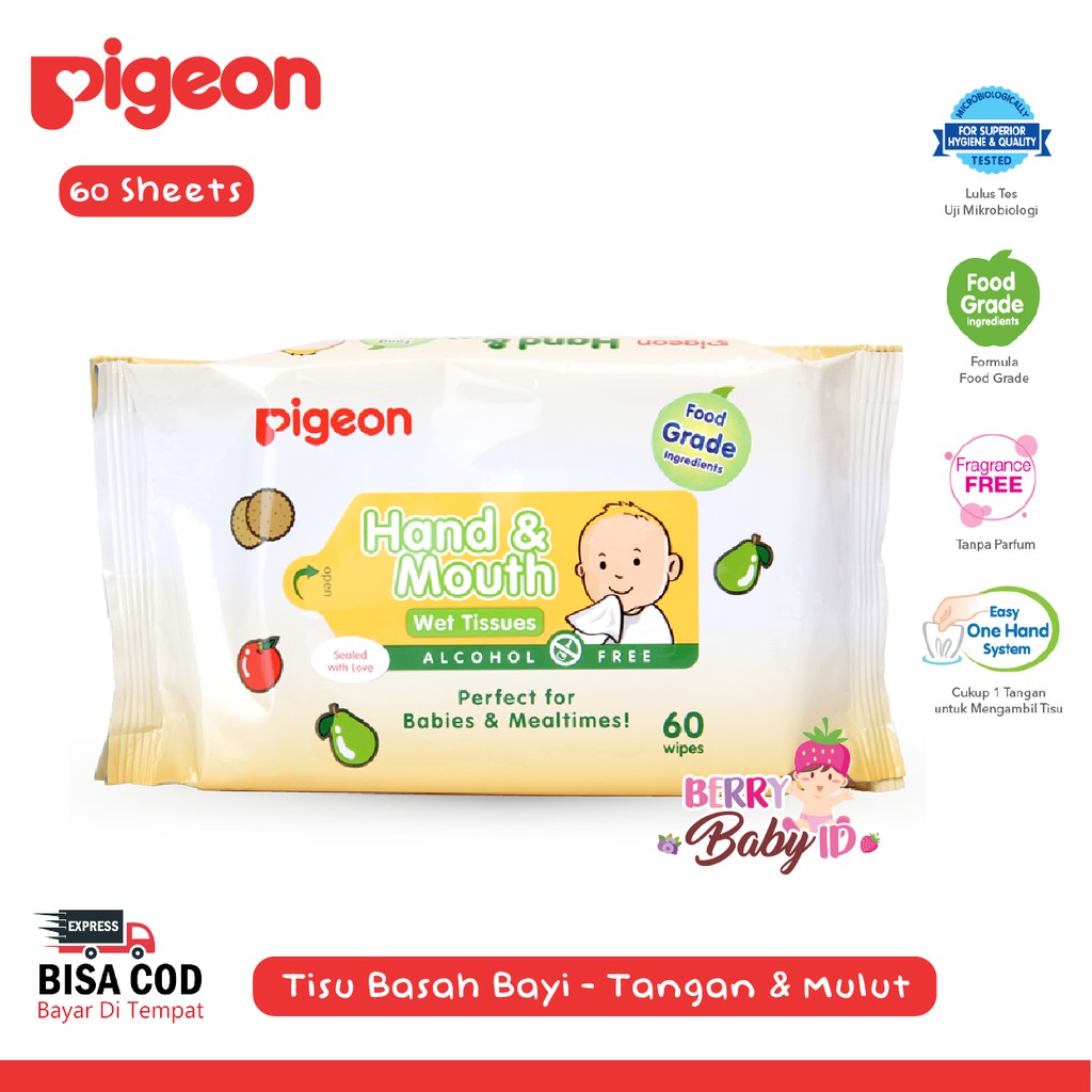 Pigeon Baby Wipes Hand &amp; Mouth Alcohol Free Tisu Basah Bayi 60 Sheet Berry Mart