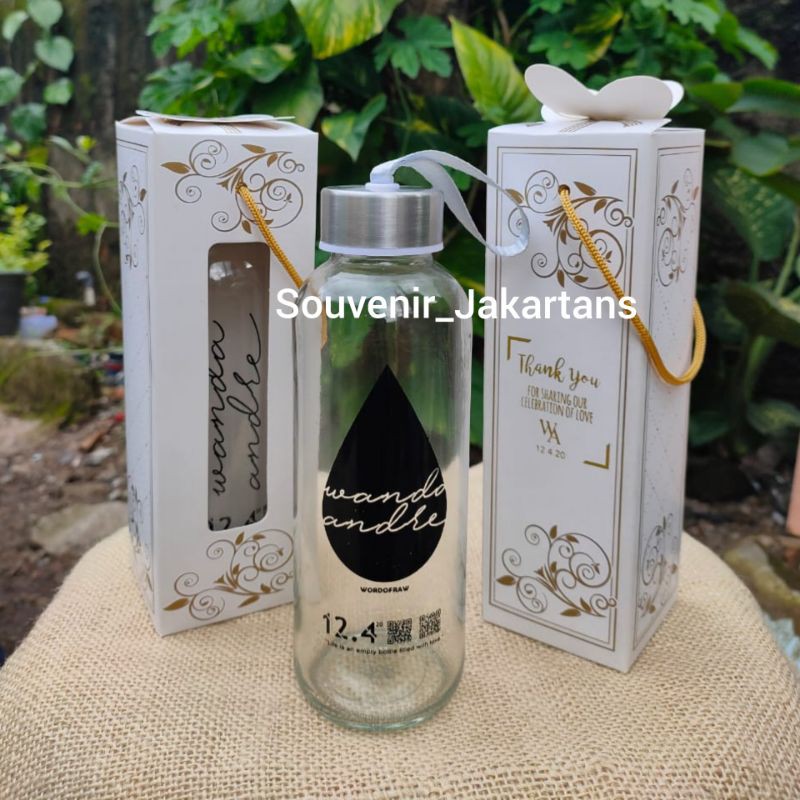 SOUVENIR BOTOL TUMBLER KACA KEMAS BOX SABLON NAMA LOGO GAMBAR SOUVENIR PERNIKAHAN