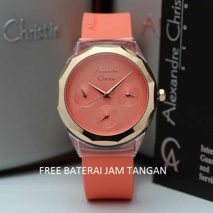 JAM TANGAN WANITA ALEXANDRE CHRISTIE AC 2808 ROSEGOLD ORANGE RUBBER ORANGE ORIGINAL