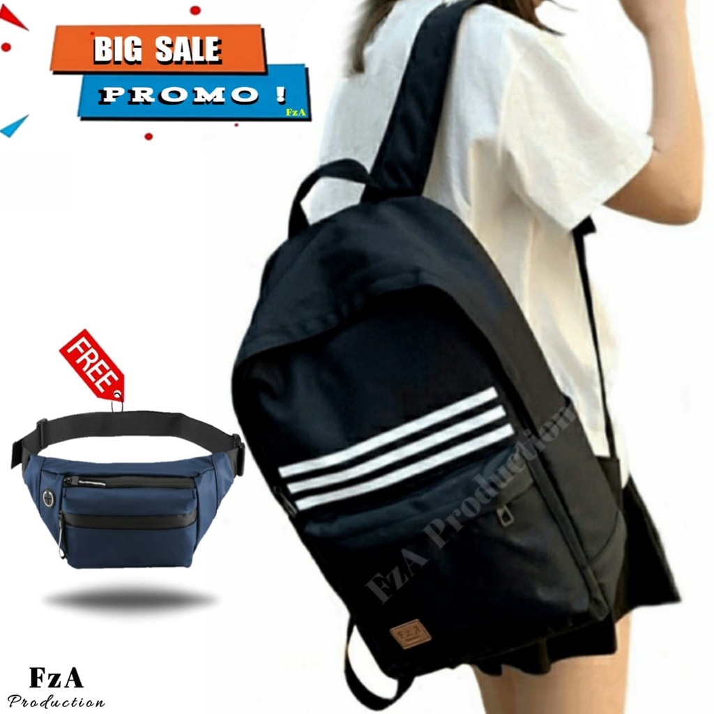 Big Promo..Tas Ransel Distro Casual Pria Wanita Tas Ransel Laptop Premium FREE Tas Waist Bag Trendy