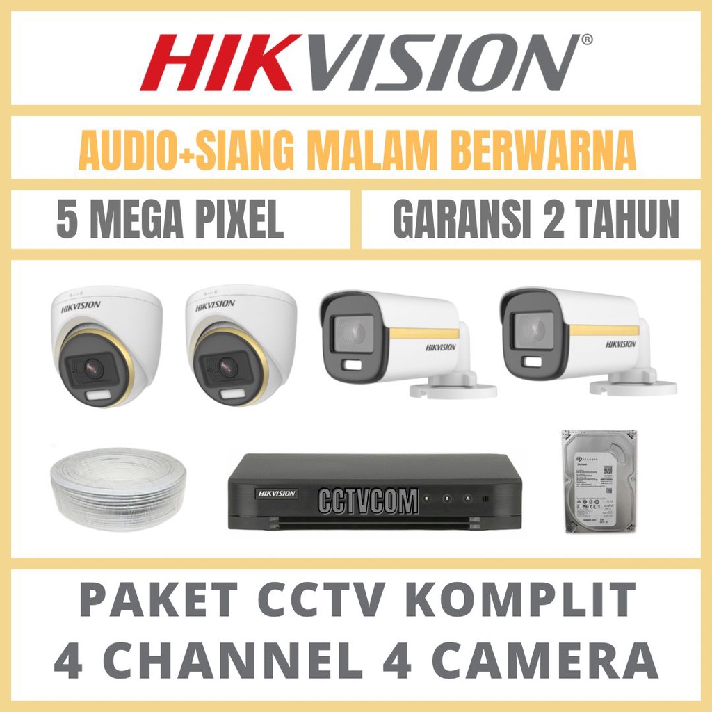 PAKET CCTV HIKVISION COLORVU 5MP 3K 4 CHANNEL 4 CAMERA TURBO HD AUDIO SERIES