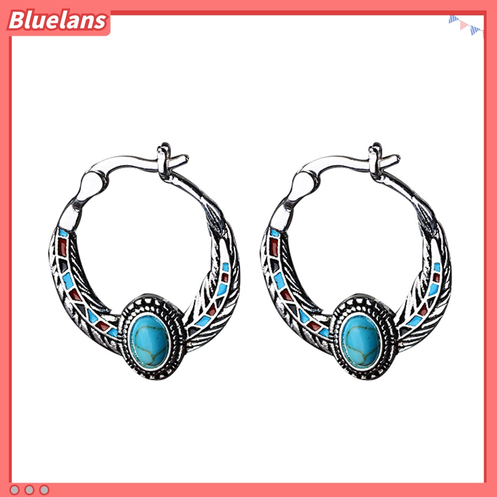 Anting Hoop Juntai Bentuk Bulu Aksen Turquoise Tiruan Gaya Vintage Untuk Wanita