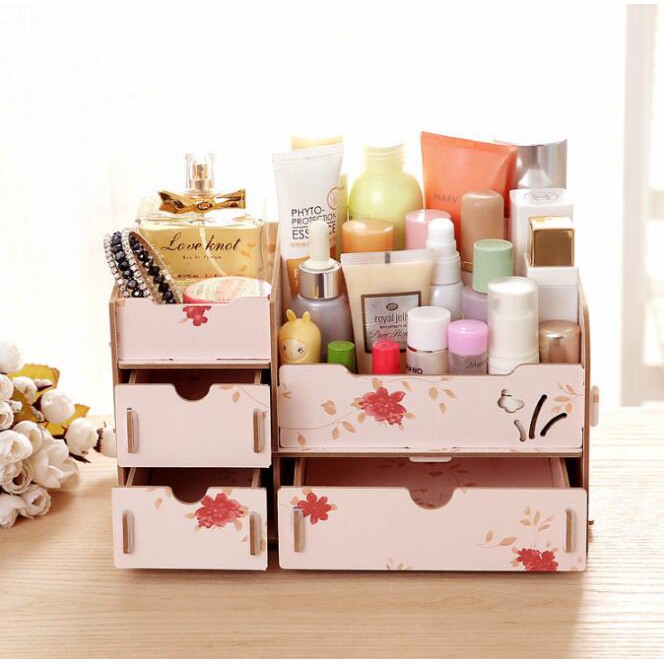 Rak Kosmetik Kayu Mini Desktop Storage Cosmetic Box Organizer Laci Make Up Lemari Aksesoris Murah