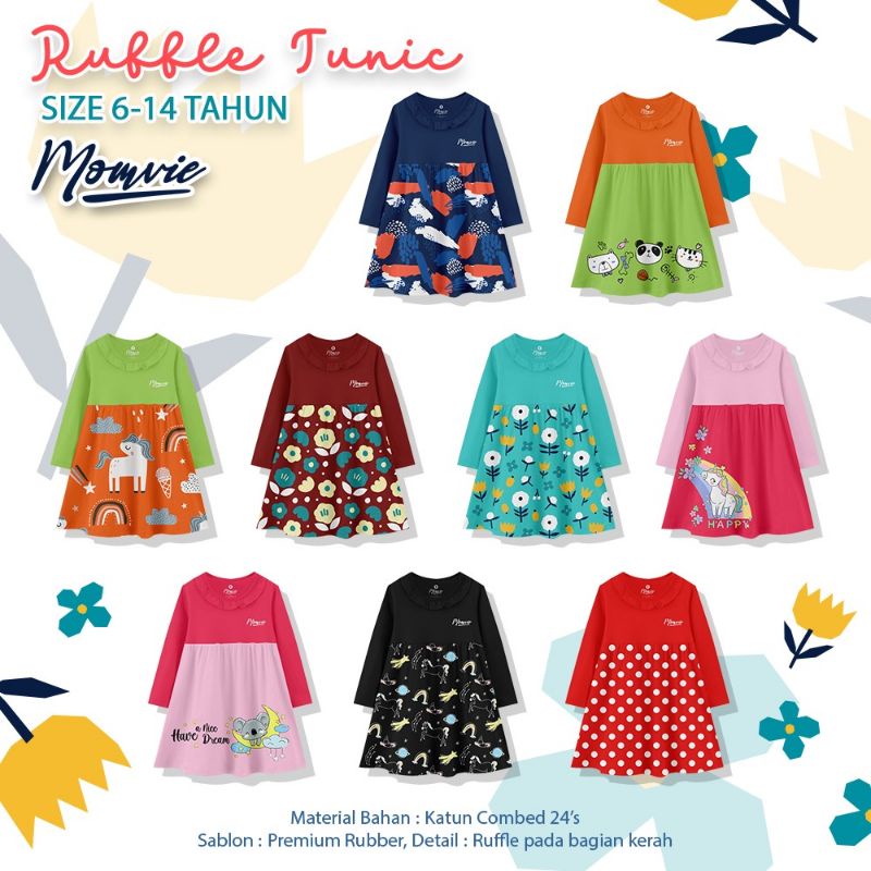 Dress ruffle tunic momvie size junior 6-14 tahun kaos tunik ruffle momvie by paddlekids paddle kids