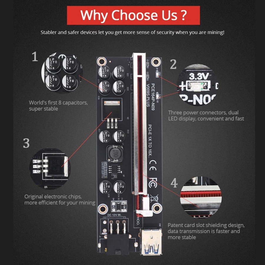 USB 3.0 PCI-E Express Riser Card 1x to 16x VGA 8 Capacitor - USB Riser PCI-E For Mainboard Bitcoin