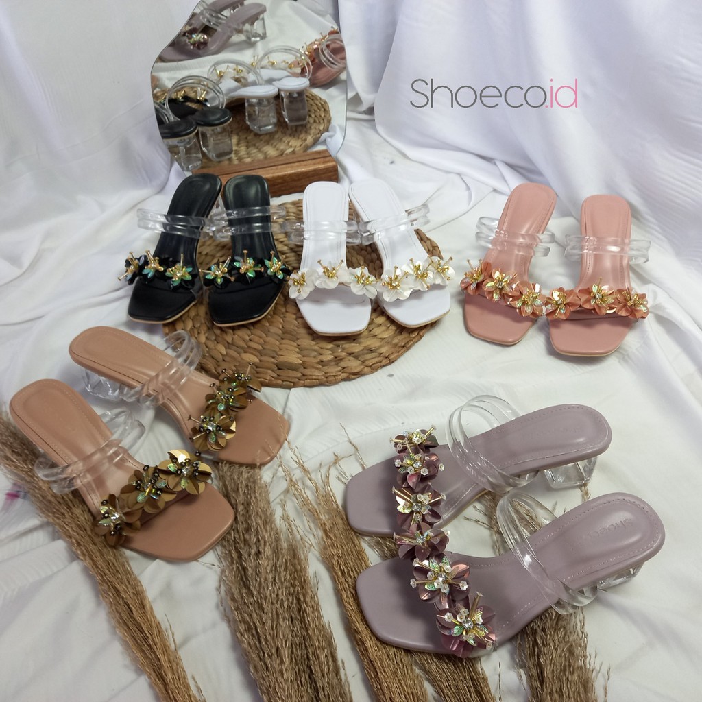 SANDAL WANITA HAK KACA MOTIF BUNGA MUTE