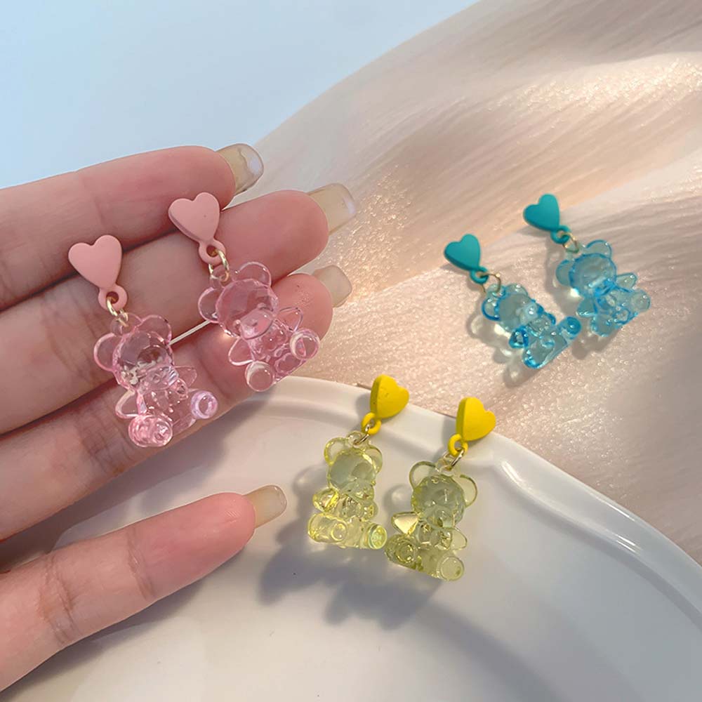 Needway  Temperament Bear Earrings Trendy Fashion Jewelry Dangle Earrings Cut Candy Color Resin Love Girls Crystal Resin/Multicolor