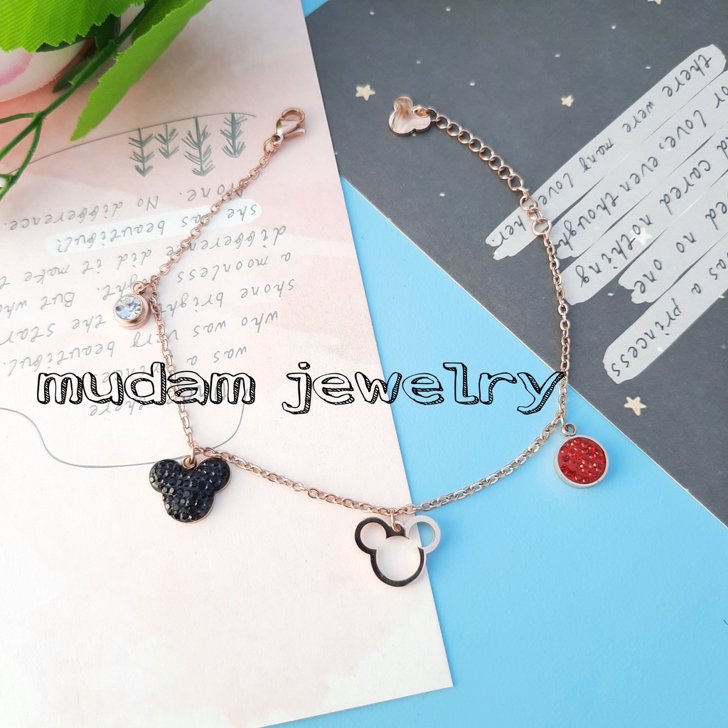 Gelang Tangan Rantai Titanium Minnie  Dengan Kristal Artifisial