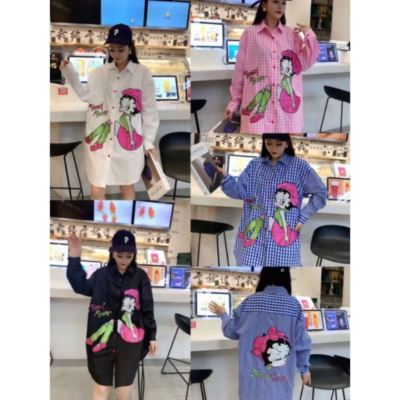 Betty boop - kemeja Tunik duduk patch blink blink depan belakang