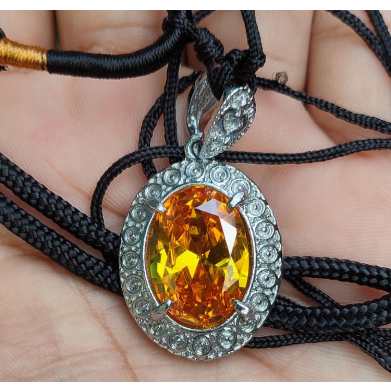 [BISA COD] Kalung Liontin Batu Akik Permata Yellow Citrine Topaz Kuning Top Kristal Bonus Tali