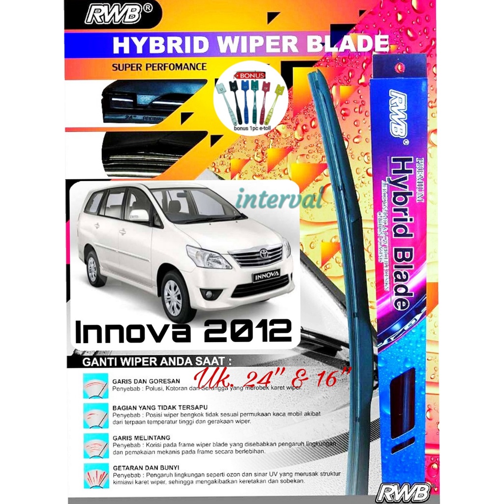 Wiper Depan Hybird Blade RWB Mobil Toyota Innova 2012 Pembersih Kaca Depan Wiper Ukuran 24 & 16 Inch