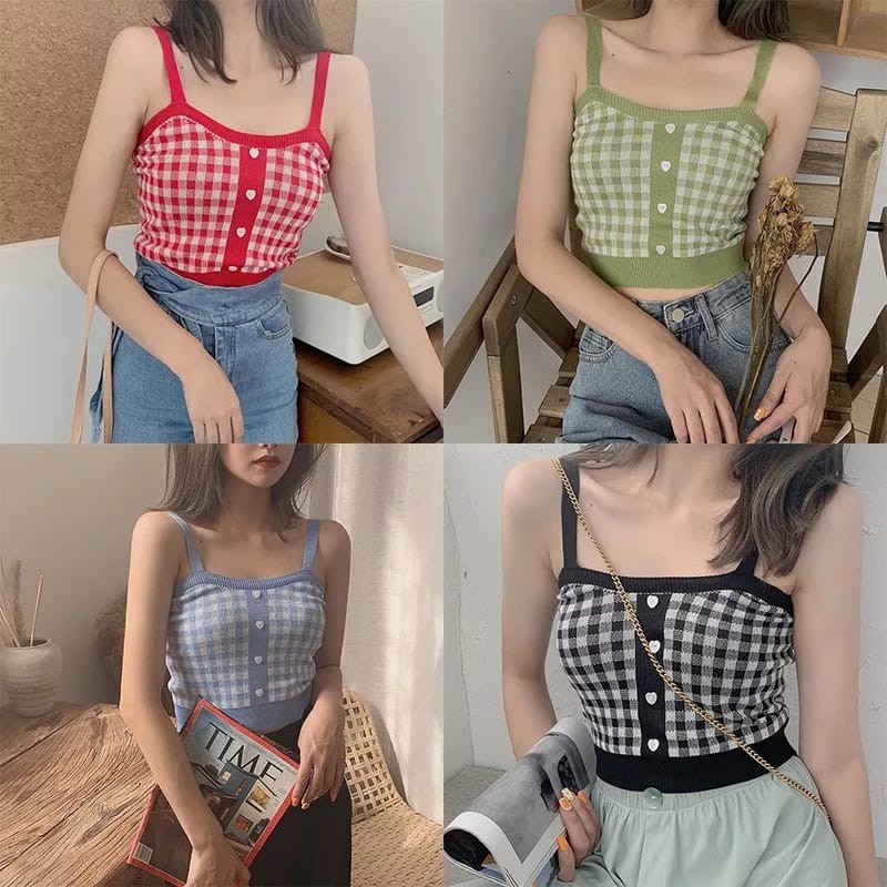 Crop Tank Top Kamisol Korea Tangtop Wanita Rajut Kotak-kotak Pendek Tali Kecil Model Cewek Korea