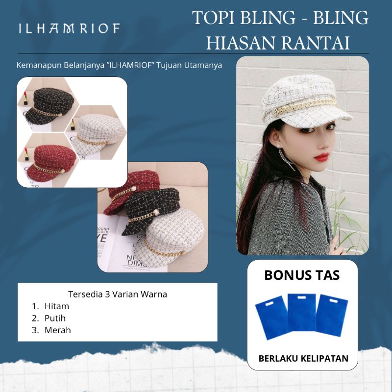 Topi Bling Rantai Wanita Korea Berhijab Fashion Selebgram Kekinian Aestethic