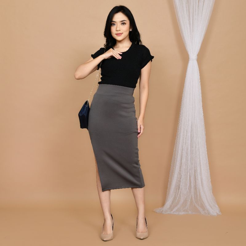 Midi Slit Skirt Rok Span korean Plain