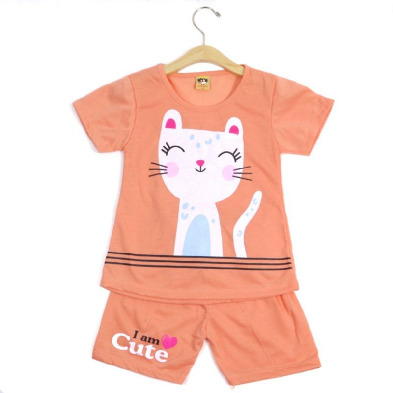 SETELAN FASHION BAJU ANAK PEREMPUAN SIKUNING CELANA PENDEK MOTIF CUTE MEOW BAHAN KAOS GAMBAR SABLON